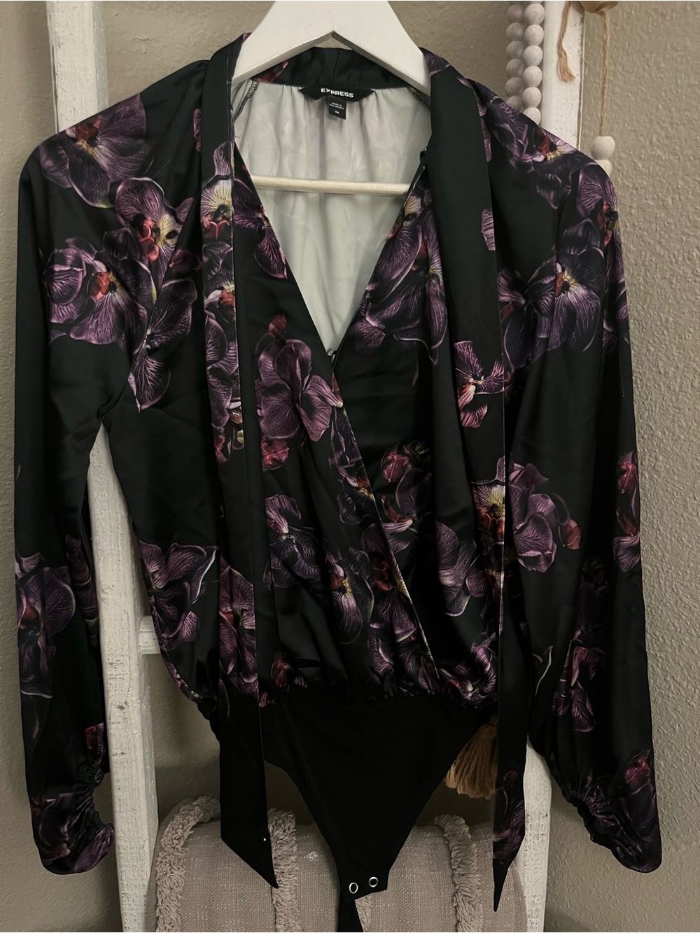 Express Black Wrap Bodysuit with Purple Floral Print